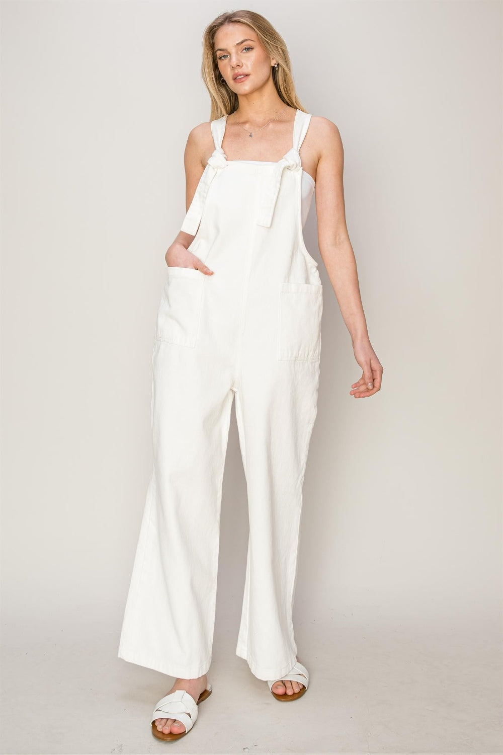 Ivyshape | Washed Twill Knotted Strap Overalls