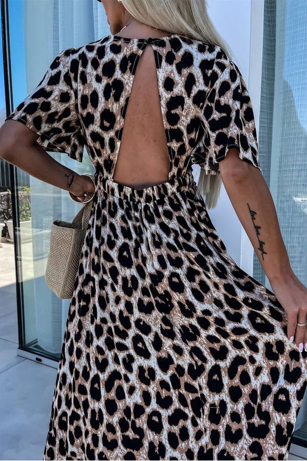 Ivyshape | Leopard V-Neck Cinched High Waist Open Back Maxi Dress