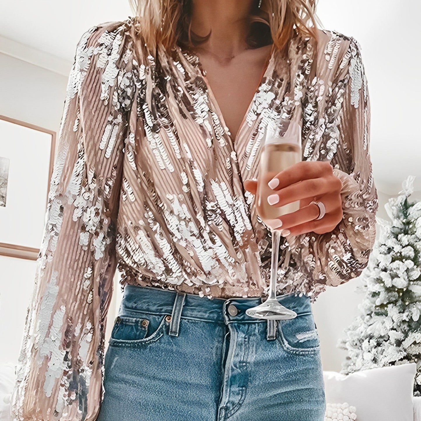 Ivyshape | Party Sequin Pleated Blouse with V-Neck