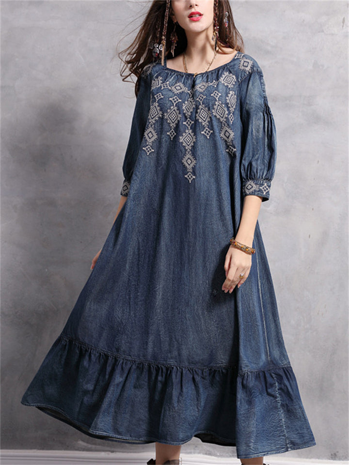 Diamond Embroidery Half Sleeve Ruffle Blue Denim Dress