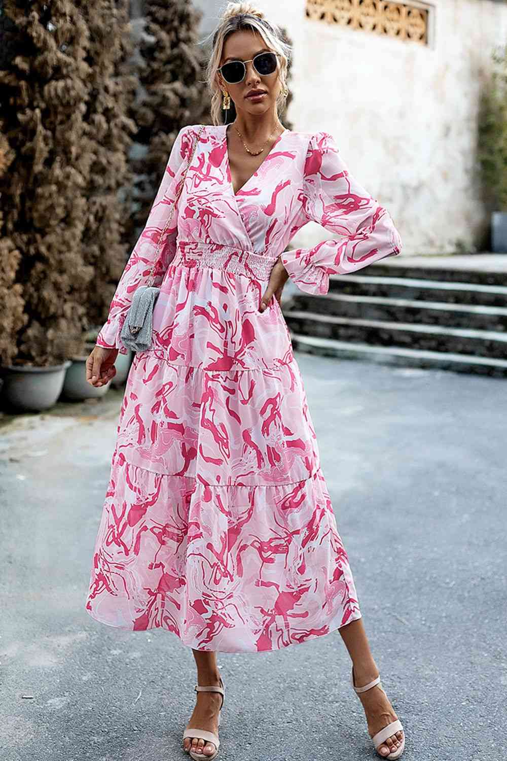 Printed Surplice Neck Flounce Sleeve Midi Dress