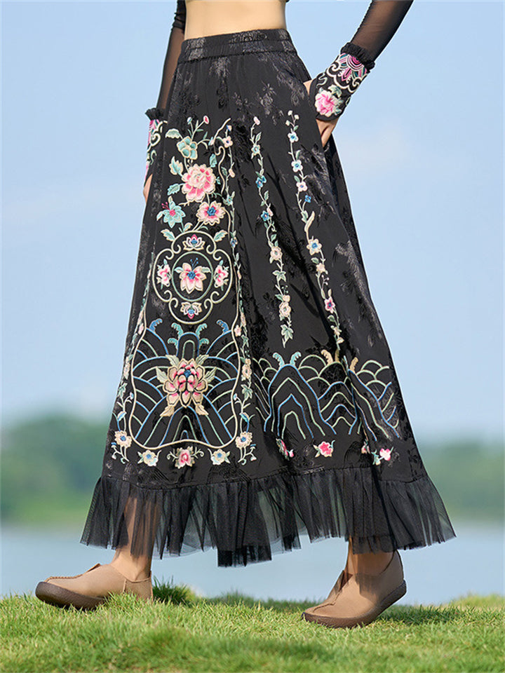 Female Black Satin Flower Embroidery Skirts