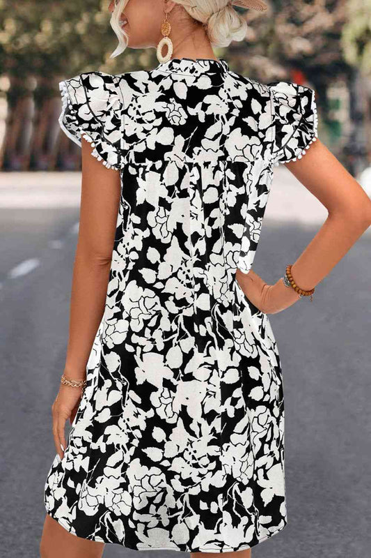 Floral Tie Neck Butterfly Sleeve Dress