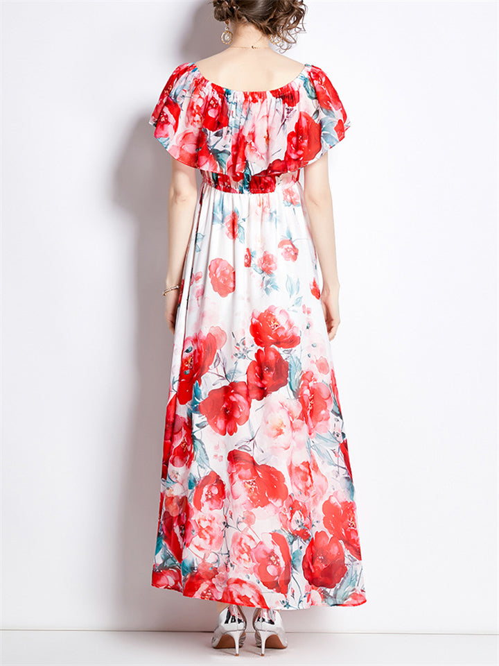 Female Gorgeous Peony Printed Ruffled Split Dresses