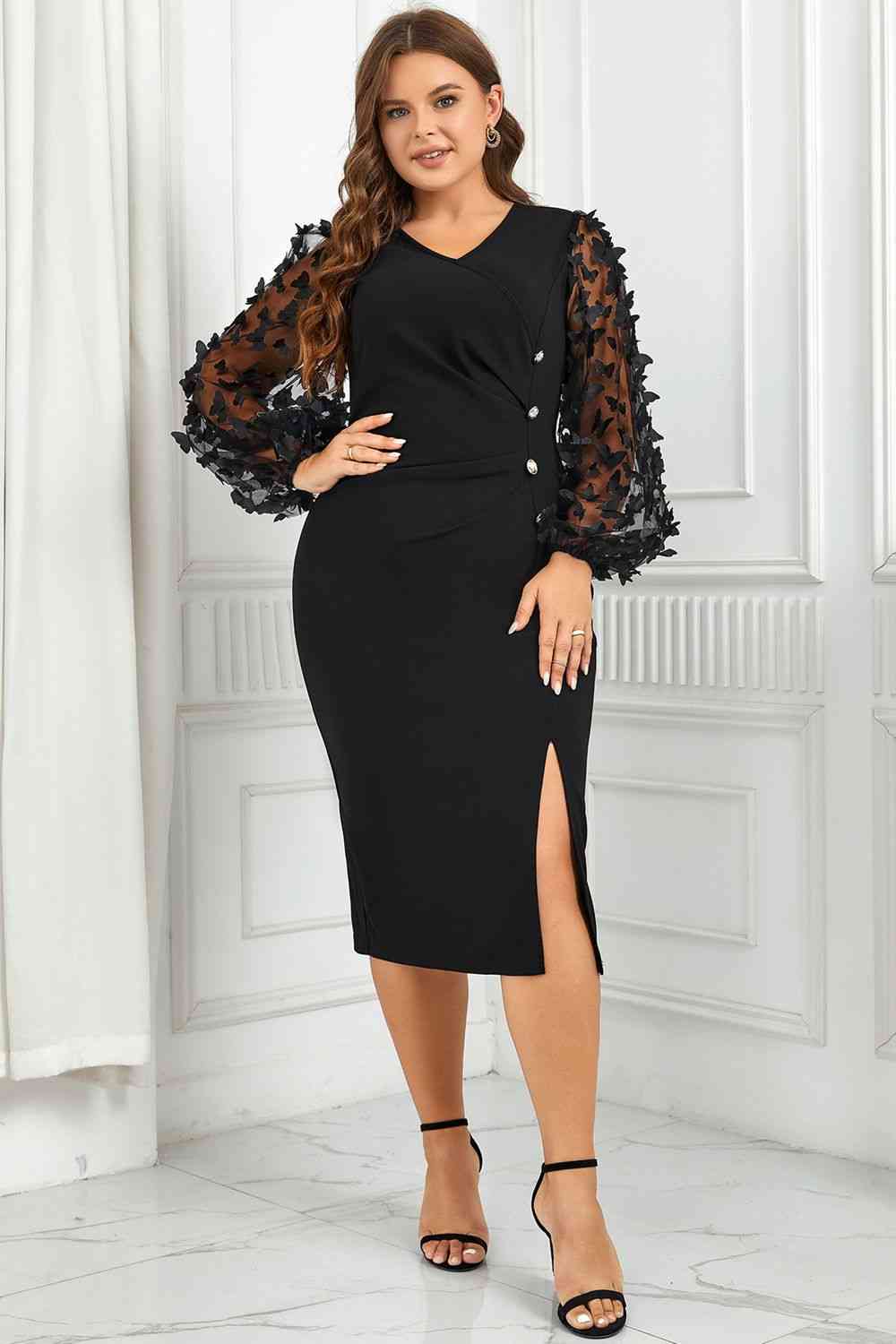 Plus Size Butterfly Applique Balloon Sleeve Slit Dress