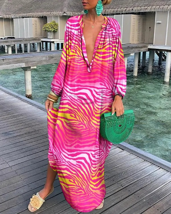 V-Neck Loose Long Sleeve Print Dress