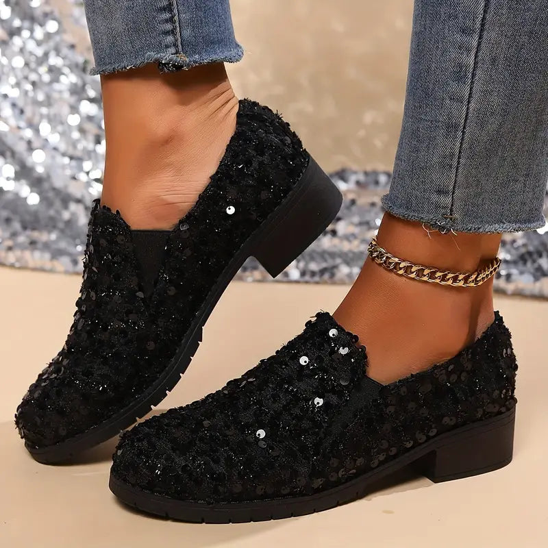 Ivyshape | Women's moccasins with sequins and block heel