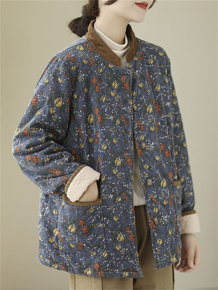 Vintage Stand Collar Button Mini Floral Print Cotton Coat