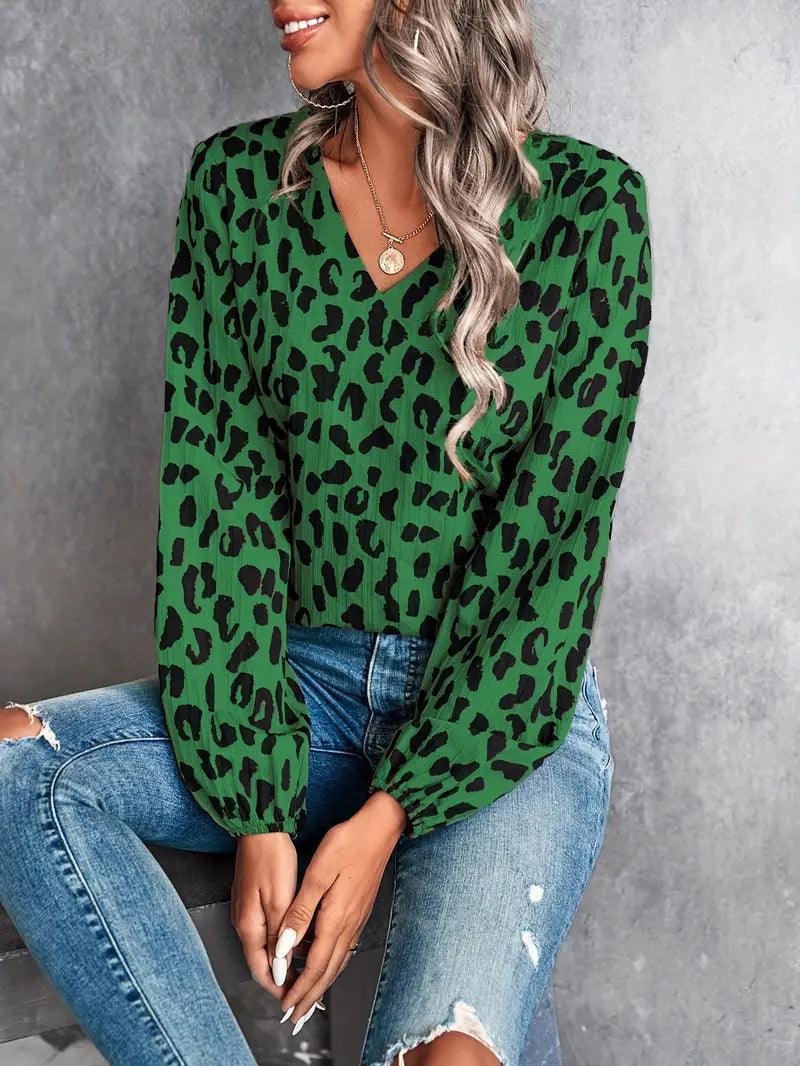 Ivyshape | V-Neck Blouse with Leopard Print for Women