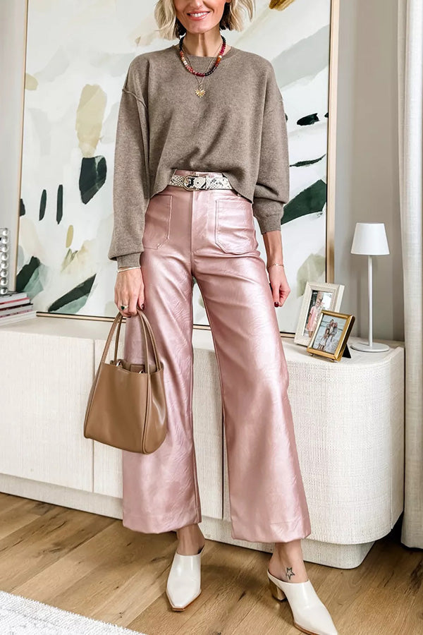 Ivyshape | Metallic Faux Leather Pocket Cropped Wide Leg Stretch Pants