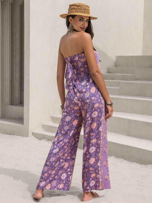 Ivyshape | Tied Printed Tube Wide Leg Jumpsuit