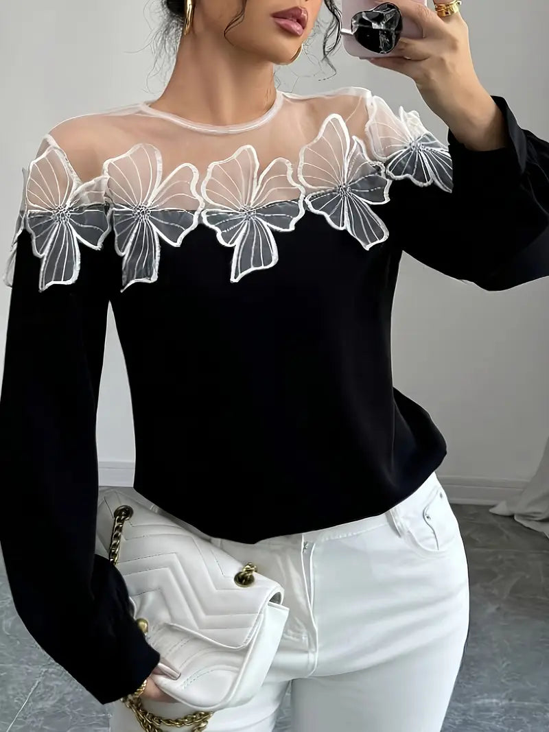 Ivyshape | Stylish Long Sleeve Blouse Made of Mesh Fabric