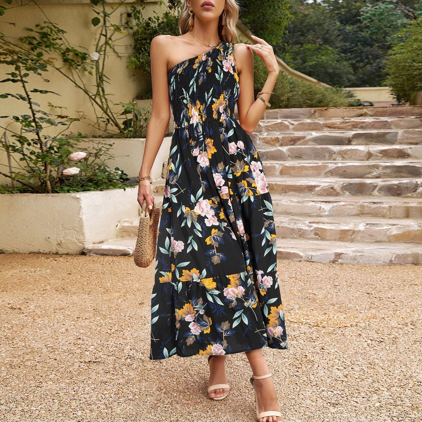 Ivyshape | Temperament Elegant Slant-Shoulder Printed Maxi Dress