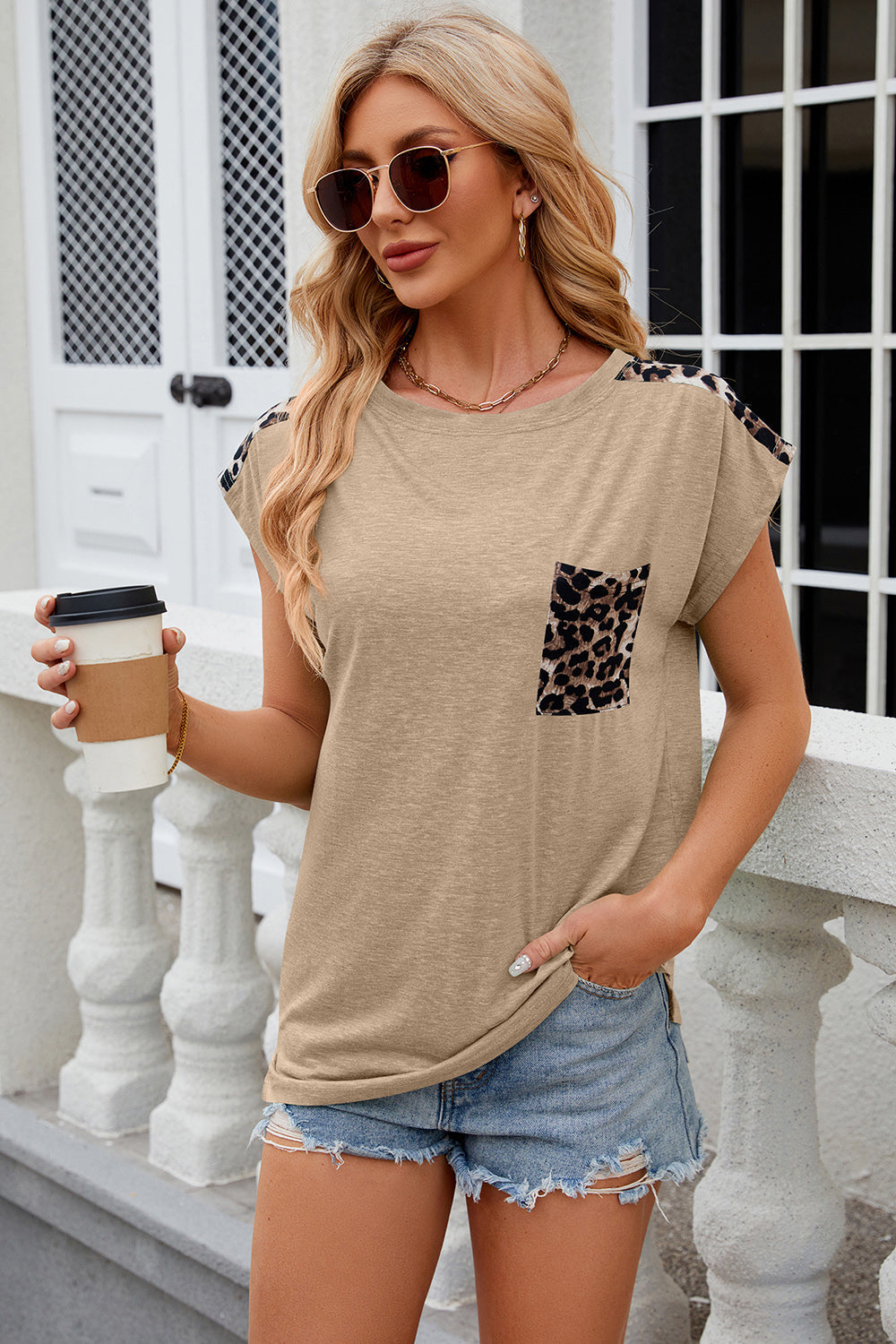 Ivyshape | Leopard Round Neck Cap Sleeve T-Shirt