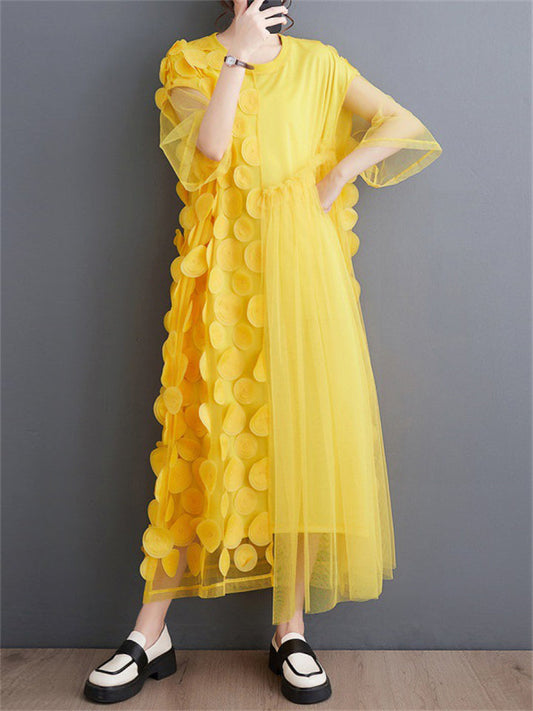 Female Polka Dot Mesh Splicing Irregular Mid-Length Dress