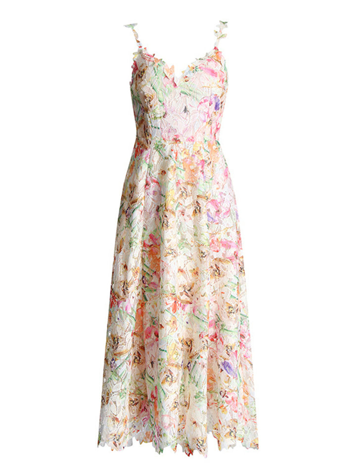 Elegant Spaghetti Strap Flower Embroidery A-Line Dress for Lady