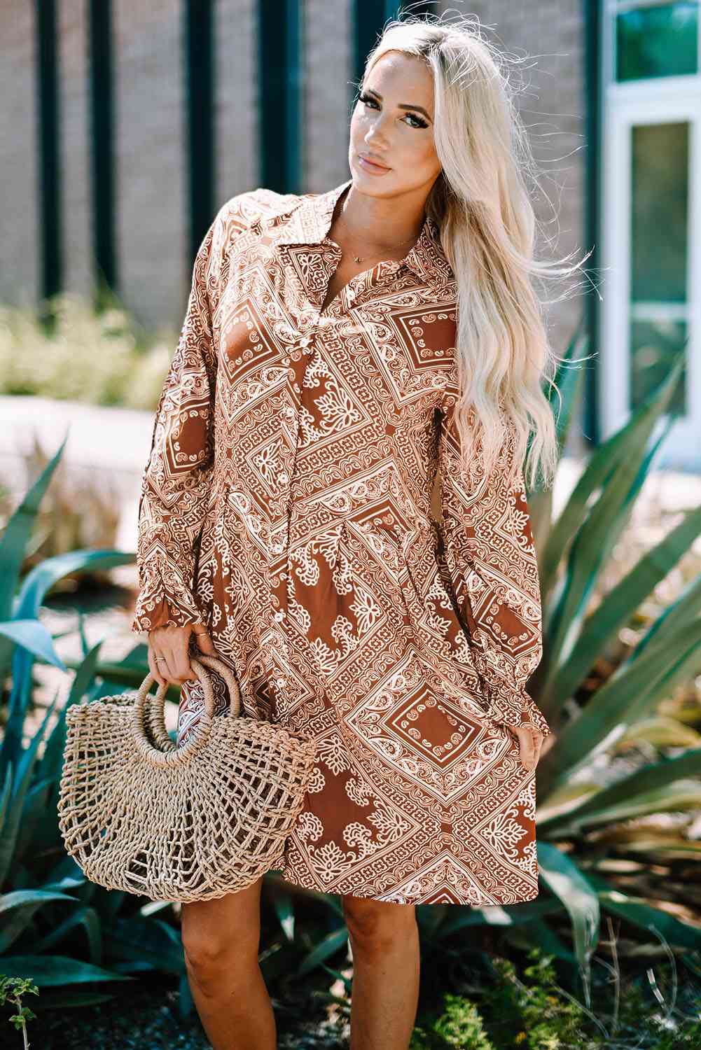 Printed Flounce Sleeve Shirt Dress