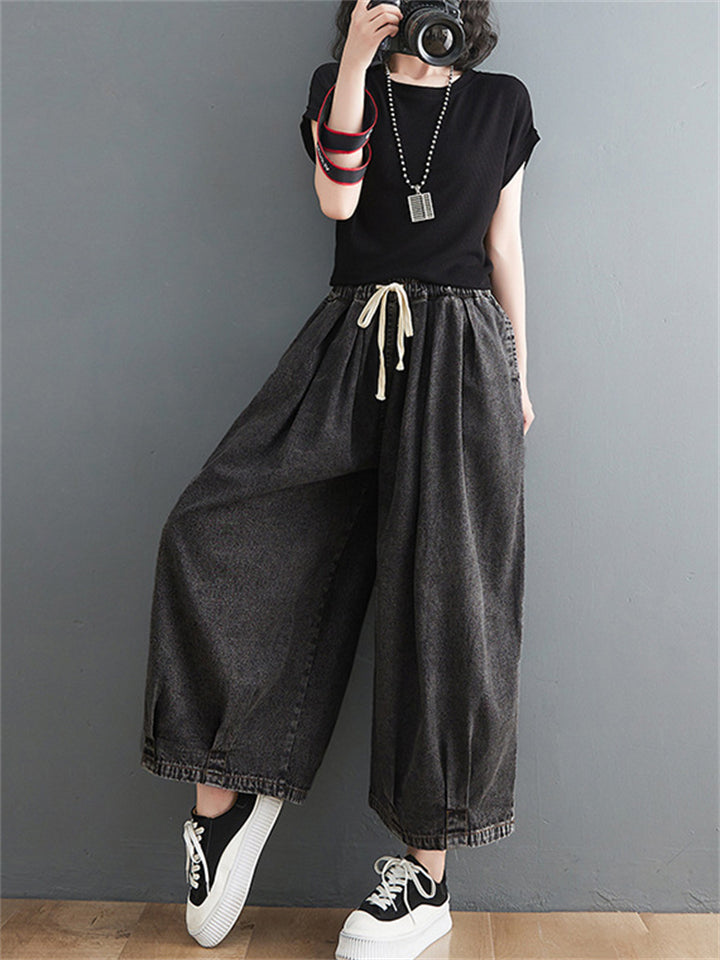 Drawstring Baggy Wide Leg Jeans for Women