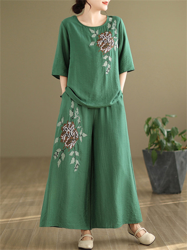 Female Ramie Embroidered Top + Wide Leg Pants Casual Two Piece Set