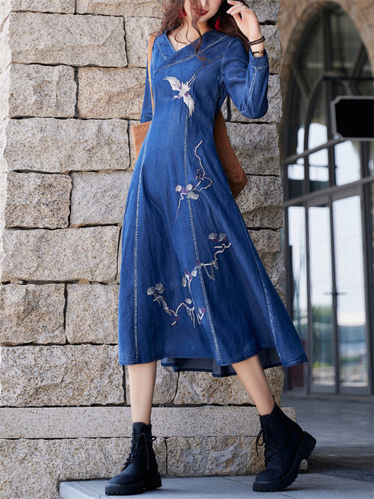 Flying Bird Embroidery V-Neck Blue Denim Dress