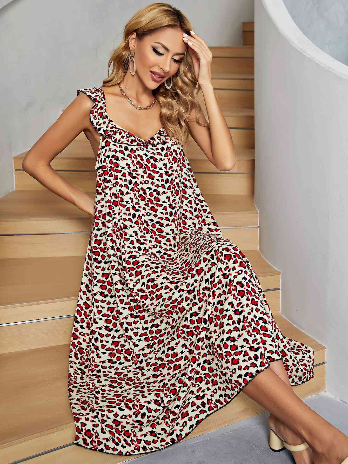 Printed Ruffled Sleeveless Midi Dress