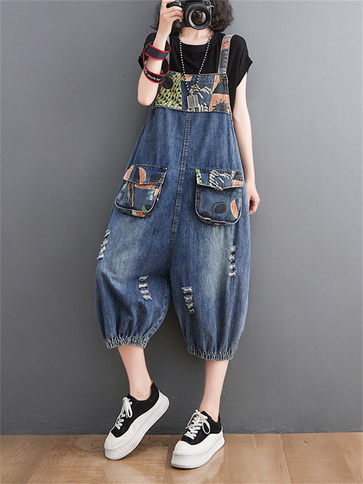 Female Cute Print Youthful Splice Denim Jumpsuits