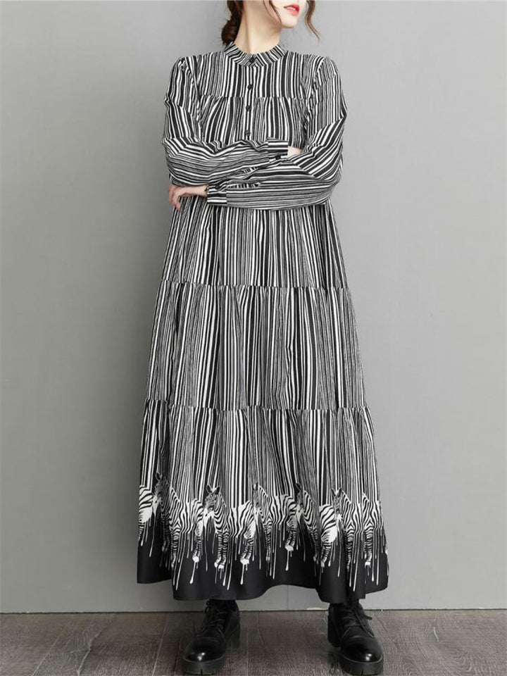 French Style Stripe Zebra Print Long Dress