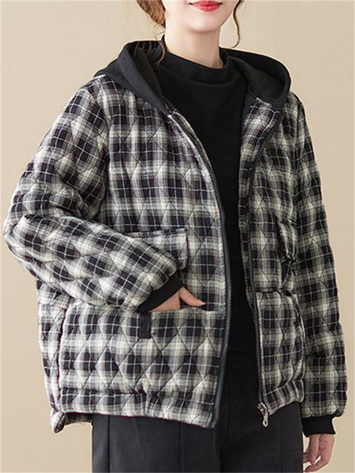 Women's Casual Hooded Zipper Short Plaid Cotton Coat