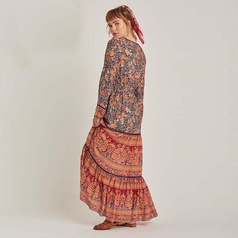 Gypsy Floral Print Long Sleeve High Waist Maxi Dress