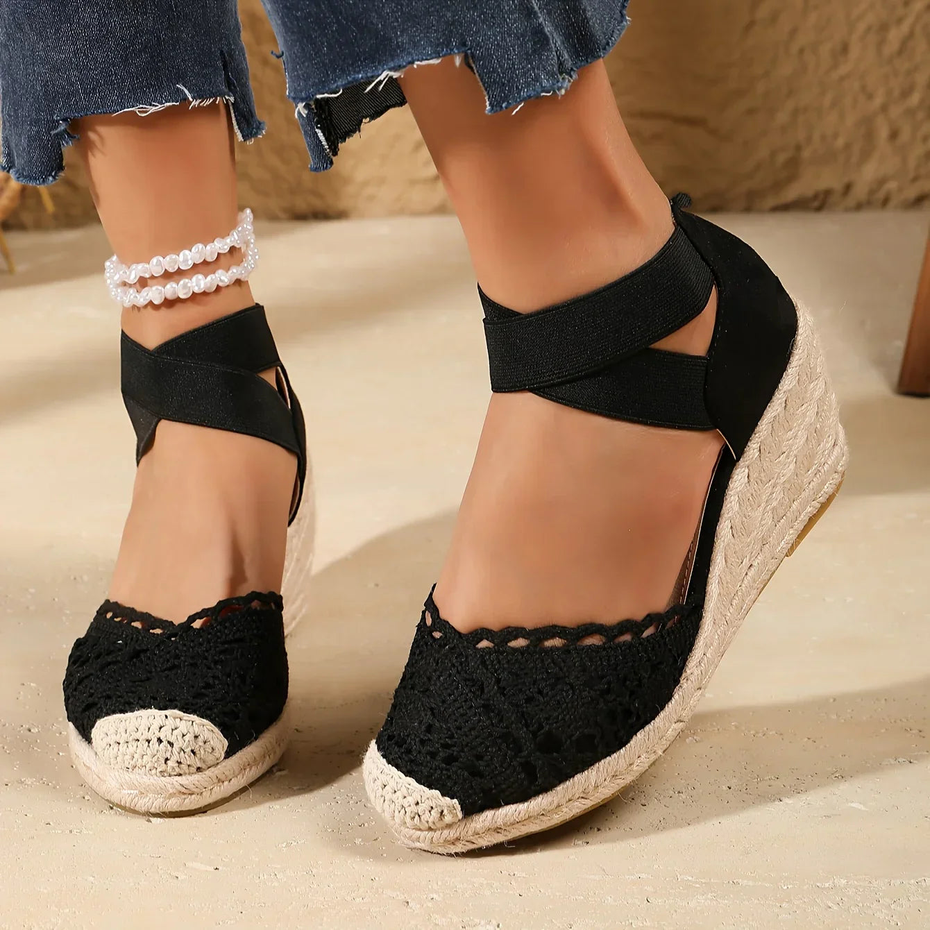 Ivyshape | Elegant Wedge Sandals with Crochet Tip