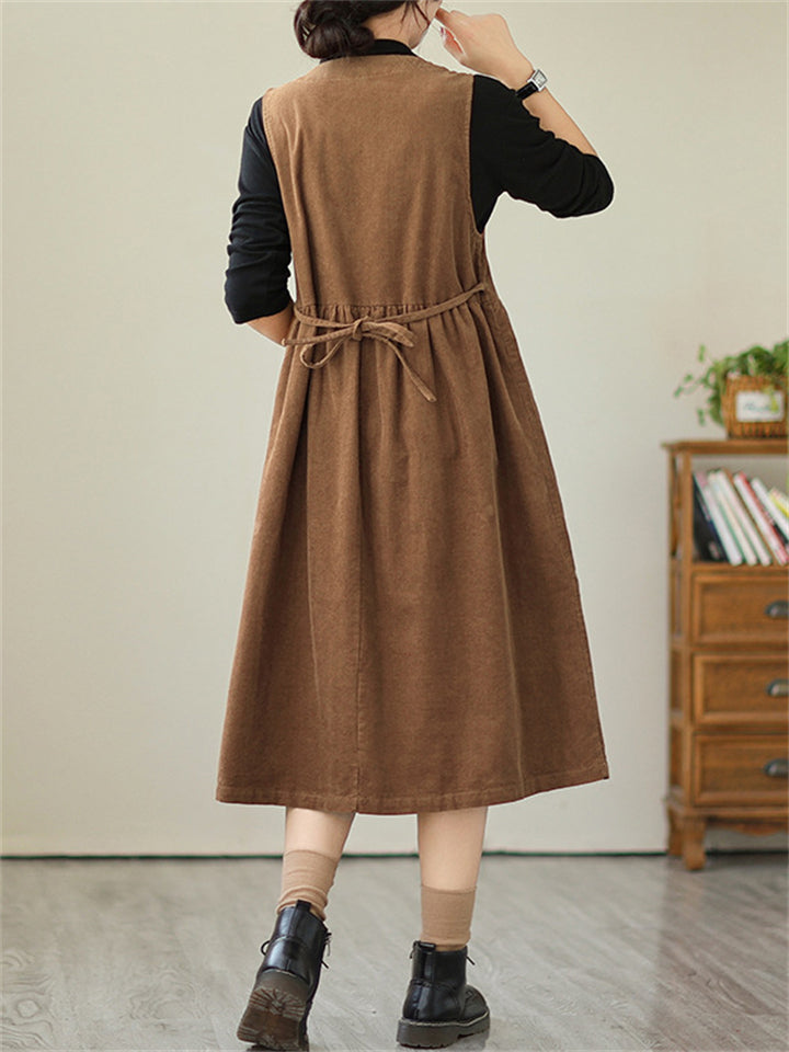 Retro Daisy Embroidery Mid-Length Corduroy Dress