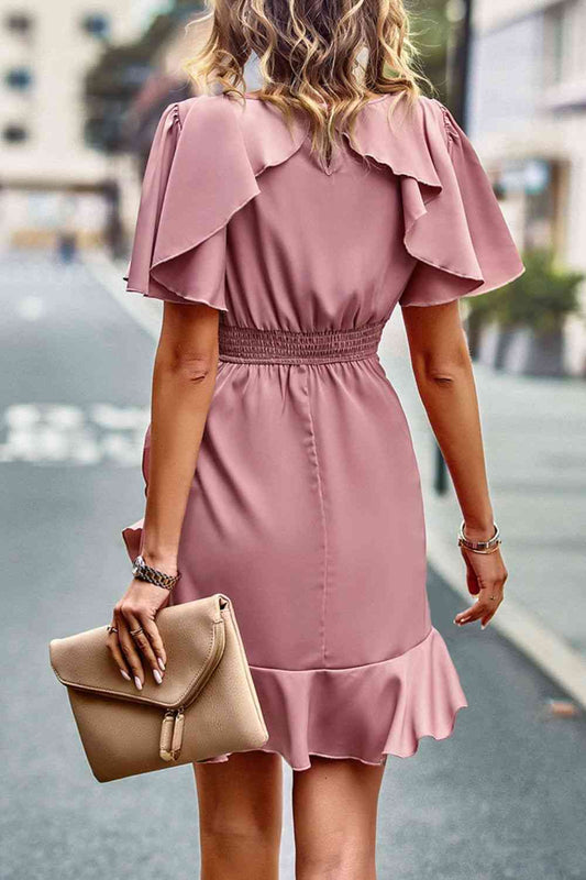 Round Neck Flutter Sleeve Ruffled Dress