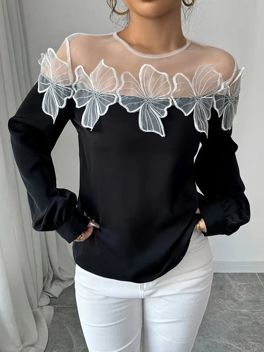 Ivyshape | Stylish Long Sleeve Blouse Made of Mesh Fabric