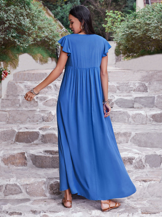 Ivyshape | Tie Neck Cap Sleeve Maxi Dress