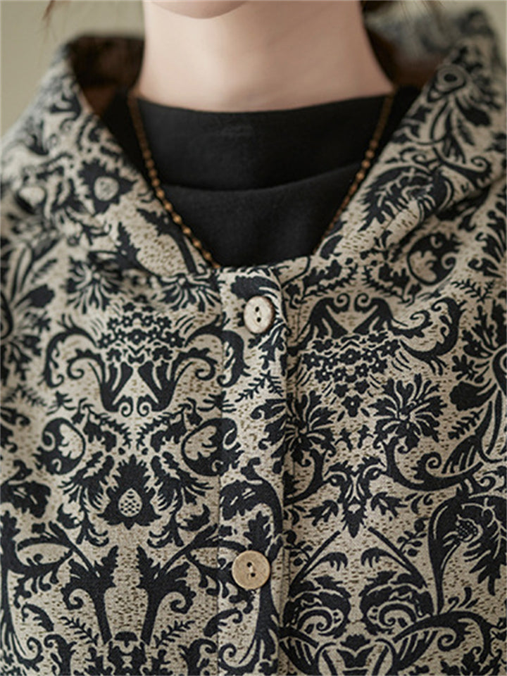 Bohemian Print Button Up Hooded Plush Liner Coat