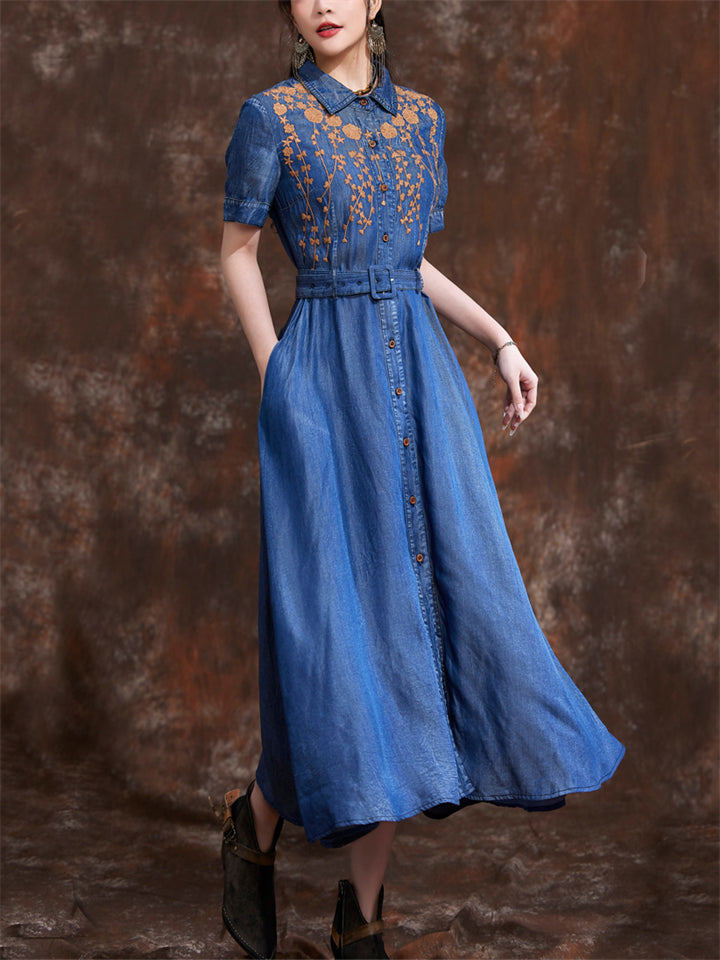 Orange Leaf Embroidery Lapel Button Blue Denim Dress