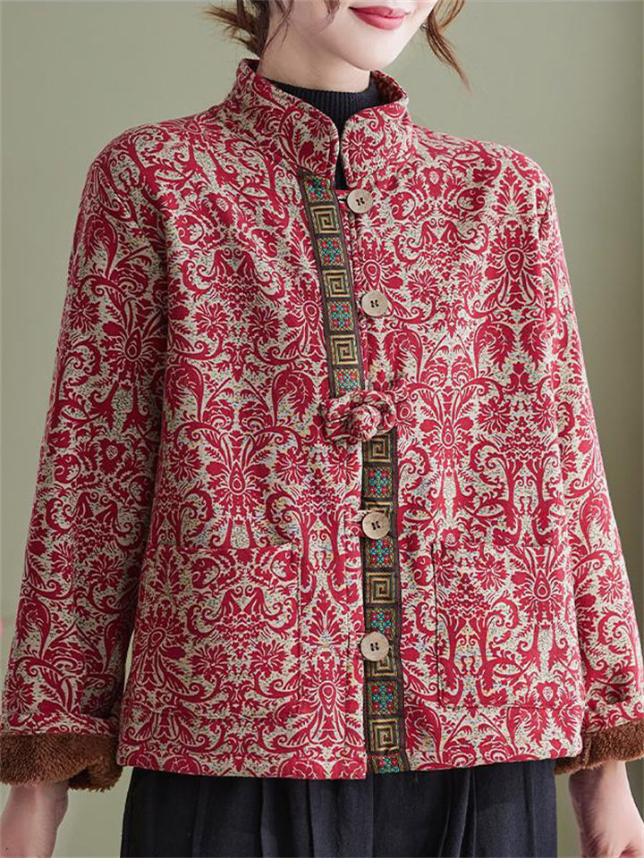 Ethnic Style Plush Liner Stand Collar Retro Print Jacket