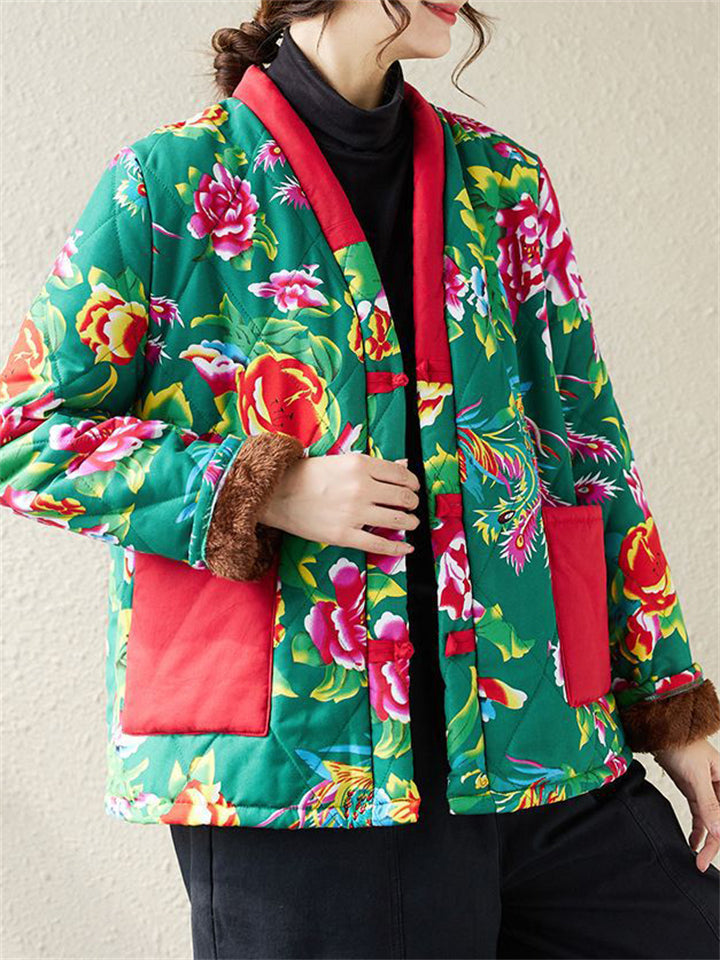 Country Style Red & Green Floral Print V-Neck Plush Liner Coat