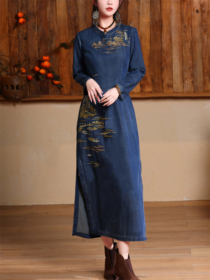 Elegant High-Rise Side Slit Blue Denim Embroidery Qipao