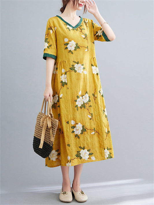 V Collar Gentle Floral Long Dresses For Lady