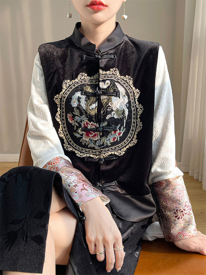 Women's Divine Bird Peony Embroidery Velvet Sleeveless Vest