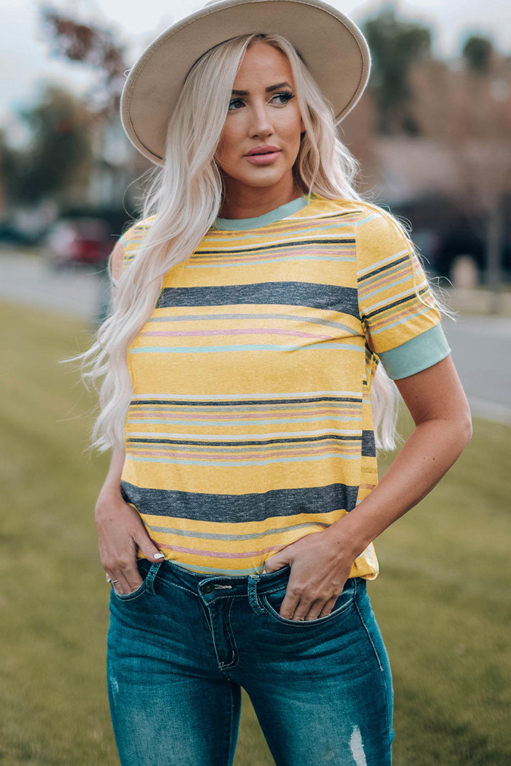 Ivyshape | Multicolored Striped Round Neck Tee Shirt