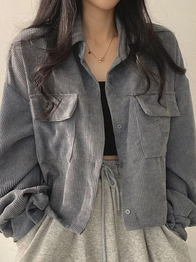 Ivyshape | Women's Corduroy Crop Top Jacket Trendy