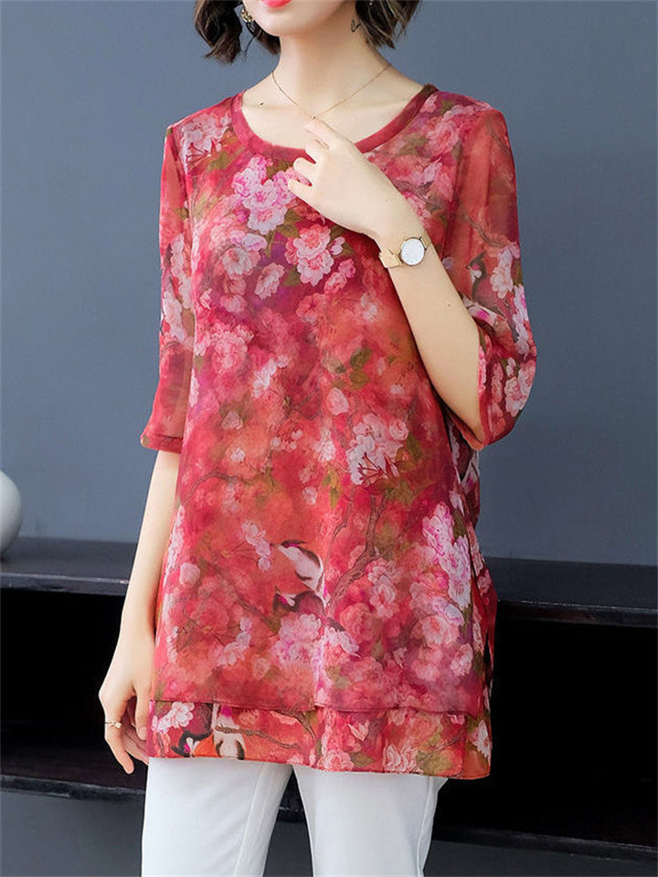 O-neck Floral Loose Chiffon Shirts