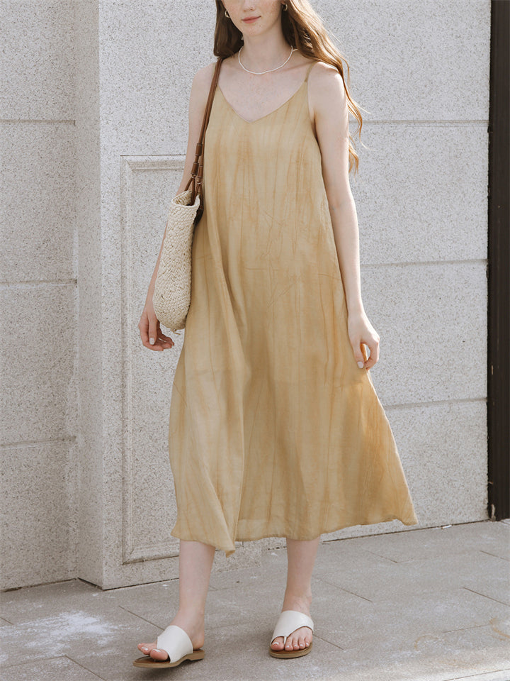 Elegant Apricot V Neck Sleeveless Flowy Tencel Dress for Women