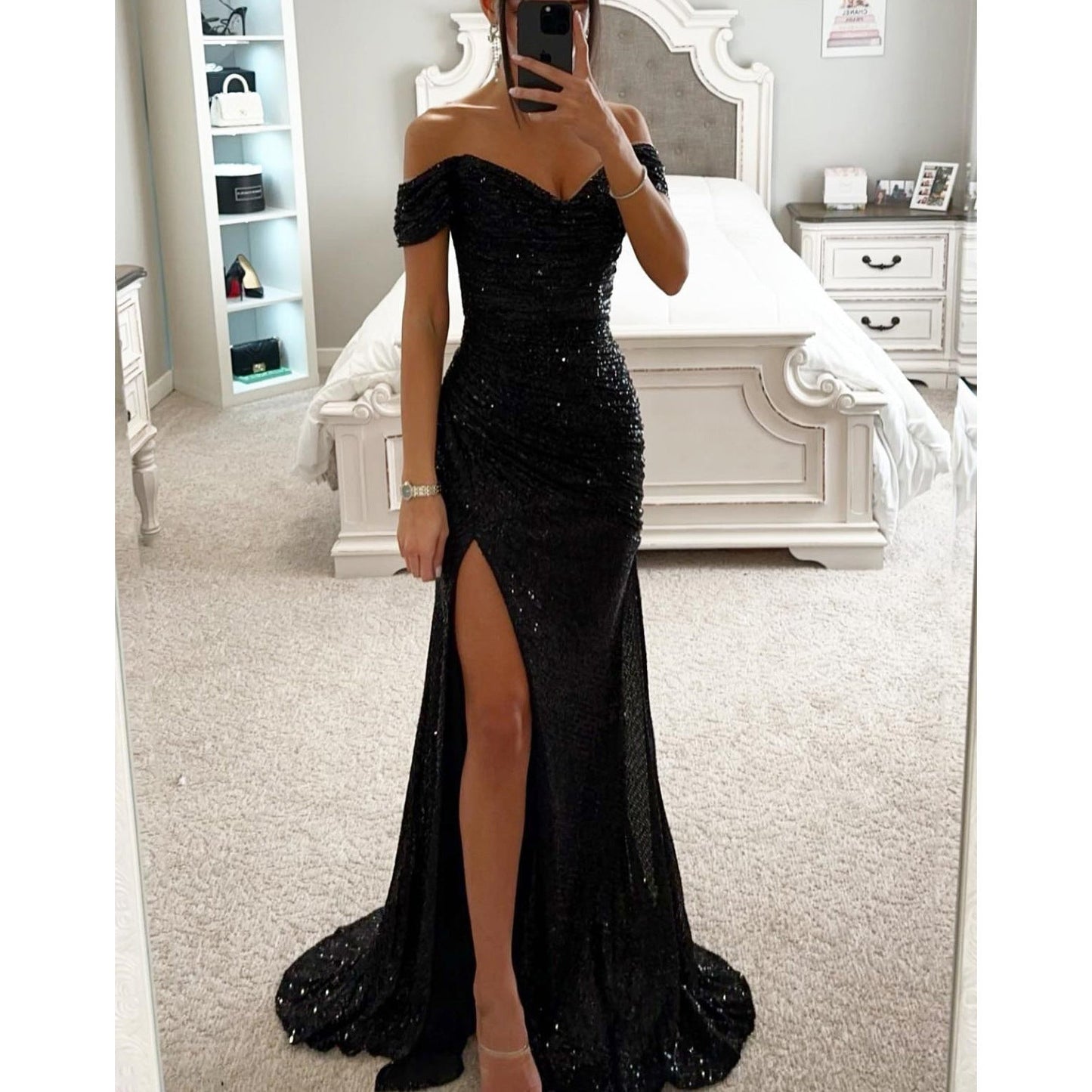 Ivyshape | Evening dress women off-shoulder glitter maxi dress with slit for wedding & fest