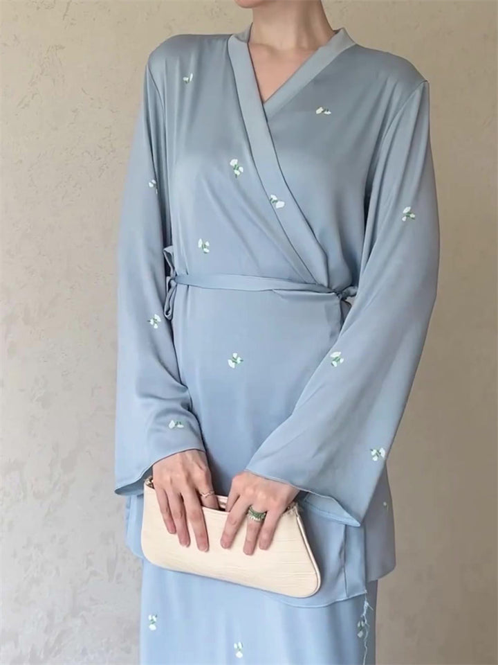 Women's Elegant Lace Up Pastel Blue Shirt Skirt Set