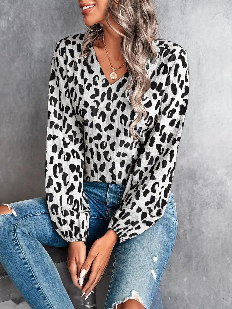 Ivyshape | V-Neck Blouse with Leopard Print for Women