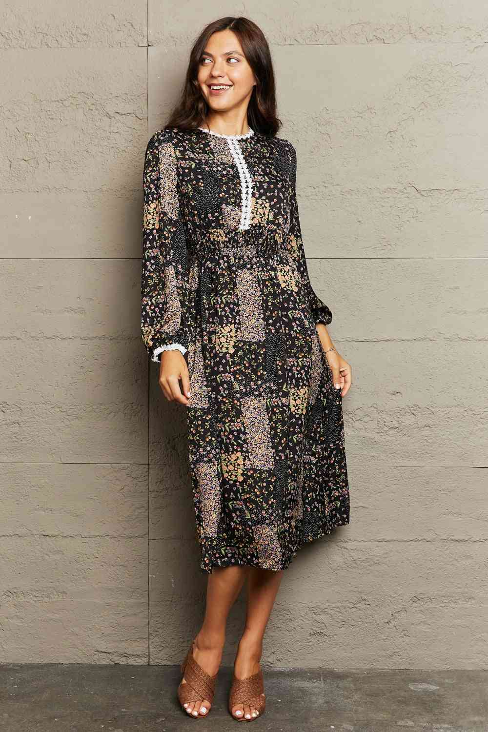 Printed Long Sleeve Round Neck Dress