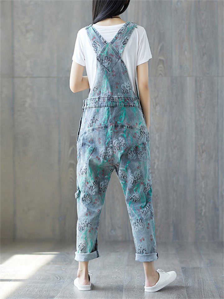 Casual Printed Pockets Denim Jumpsuits